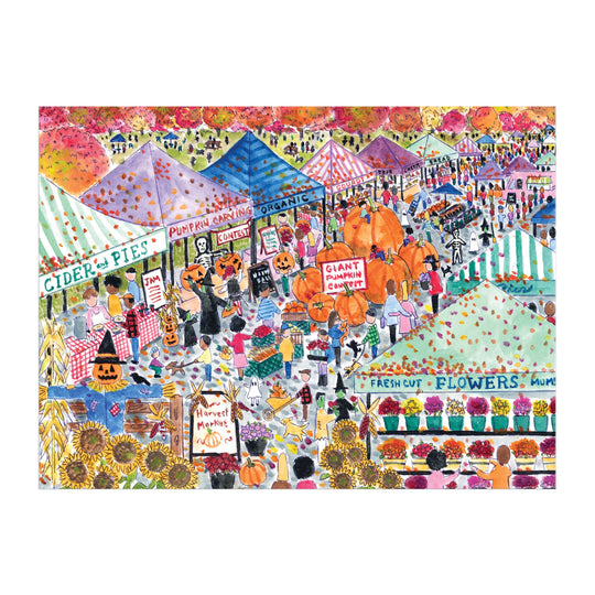 Inspired by Michael Storrings, the Harvest Market 1000 Piece Puzzle captures a vibrant fall scene with tents offering cider, pies, flowers, and pumpkins as shoppers stroll beneath orange-leaved autumn trees. Brand: Michael Storrings.