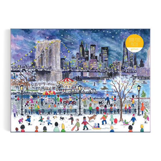 The Michael Storrings Snowfall Over New York City 1000 Piece Puzzle by Michael Storrings features a vibrant winter scene with people ice skating, walking, and playing in a snowy park by a river with the city skyline and a lit bridge under a starry sky.