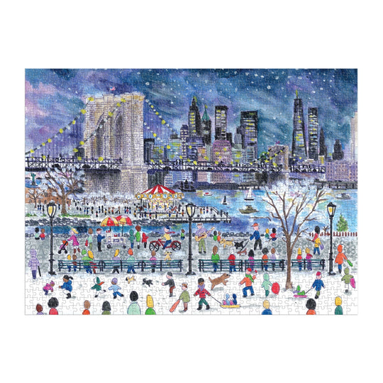 The Michael Storrings Snowfall Over New York City 1000 Piece Puzzle features a vibrant winter scene of people ice skating in a park by the river, with NYC’s skyline and bridge aglow, festive lights, snowfall, and a carousel adding charm.