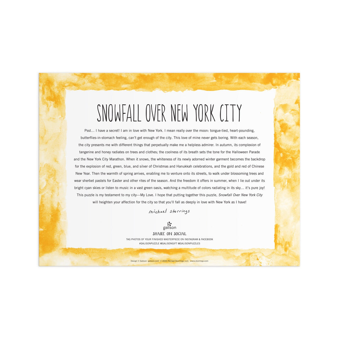 The Michael Storrings Snowfall Over New York City 1000 Piece Puzzle captures the artist’s love for the city’s seasonal beauty—perfect for fans of winter scenes and challenging puzzles.