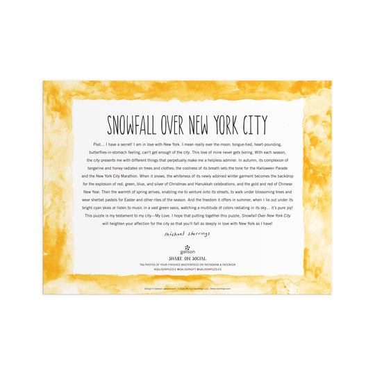 The Michael Storrings Snowfall Over New York City 1000 Piece Puzzle captures the artist’s love for the city’s seasonal beauty—perfect for fans of winter scenes and challenging puzzles.