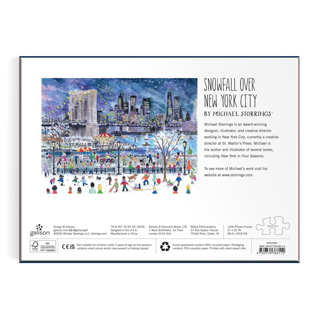 The back of the Michael Storrings Snowfall Over New York City 1000 Piece Puzzle box features snowy NYC art with skaters, the Brooklyn Bridge, buildings, the title, and a brief bio of artist Michael Storrings.