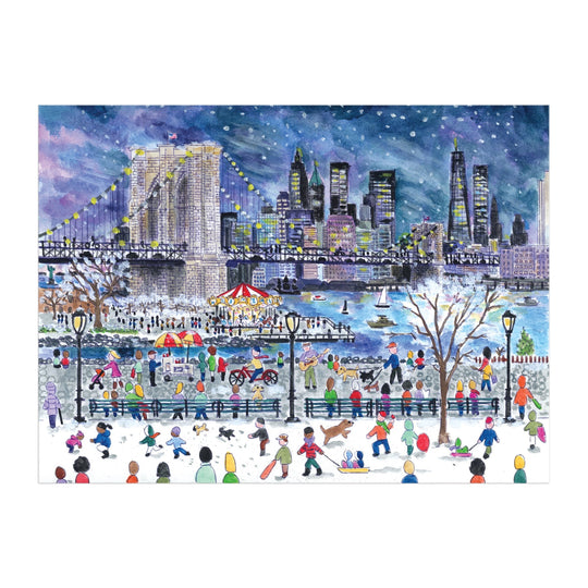 The Michael Storrings Snowfall Over New York City 1000 Piece Puzzle depicts a vibrant winter scene of people ice skating, playing, and strolling in a snowy park by a river with NYC’s sparkling skyline and a lit bridge under the night sky.
