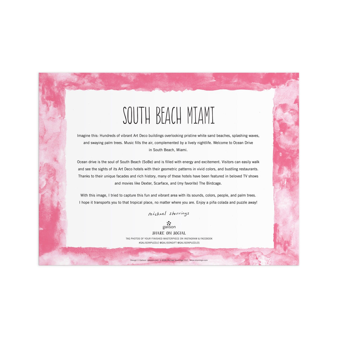 A card featuring a pink watercolor border and central text titled "Michael Storrings South Beach Miami 1000 Piece Puzzle" by Michael Storrings, describing the vibrant scene, Art Deco architecture, lively Ocean Drive, and a dedication below.