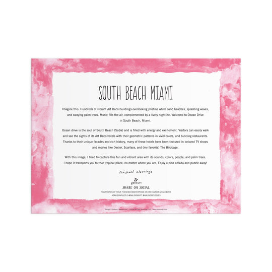 A card featuring a pink watercolor border and central text titled "Michael Storrings South Beach Miami 1000 Piece Puzzle" by Michael Storrings, describing the vibrant scene, Art Deco architecture, lively Ocean Drive, and a dedication below.