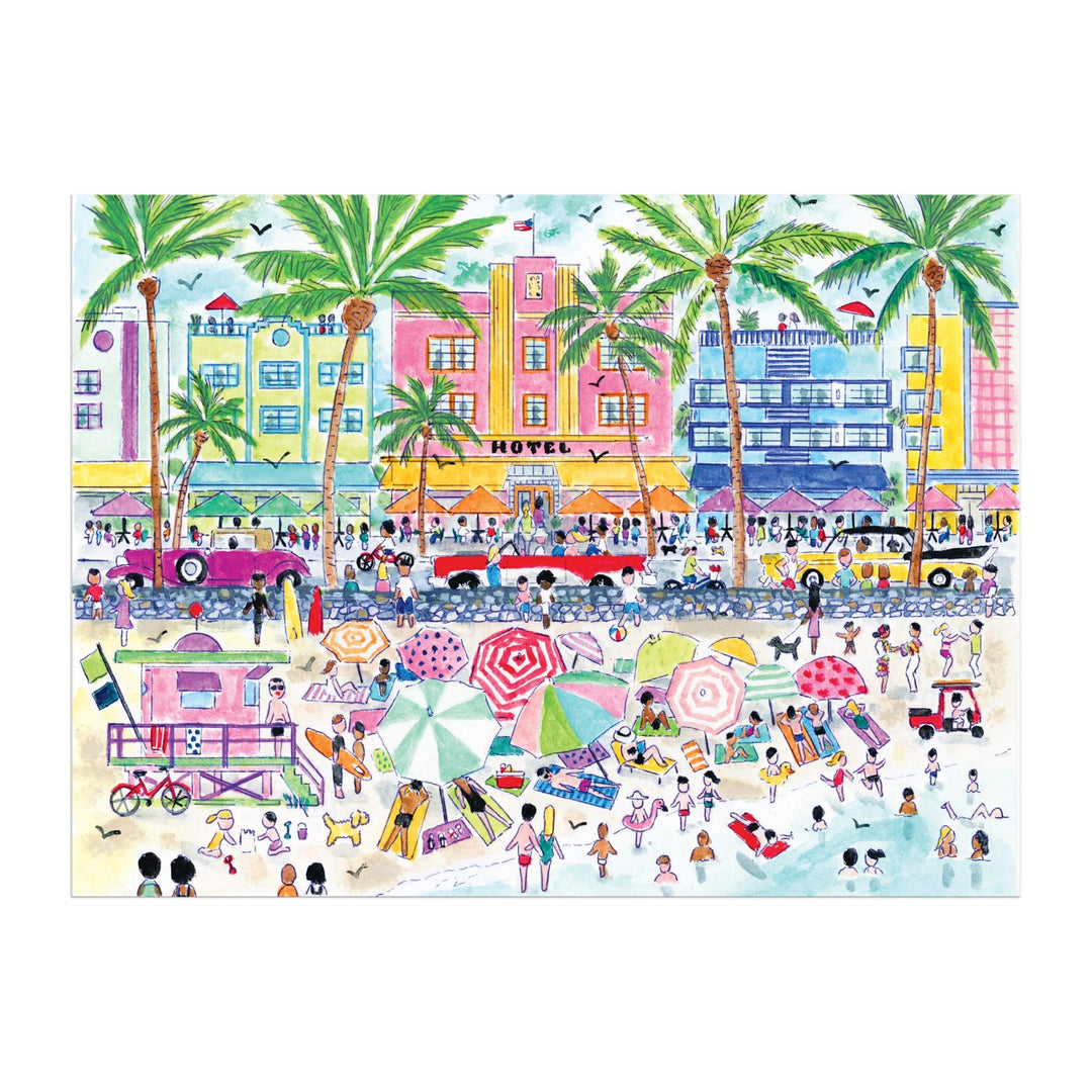 The Michael Storrings South Beach Miami 1000 Piece Puzzle by Michael Storrings features a vibrant beach scene with sunbathers, umbrellas, palm trees, pastel hotels, and vintage cars along a bustling street.