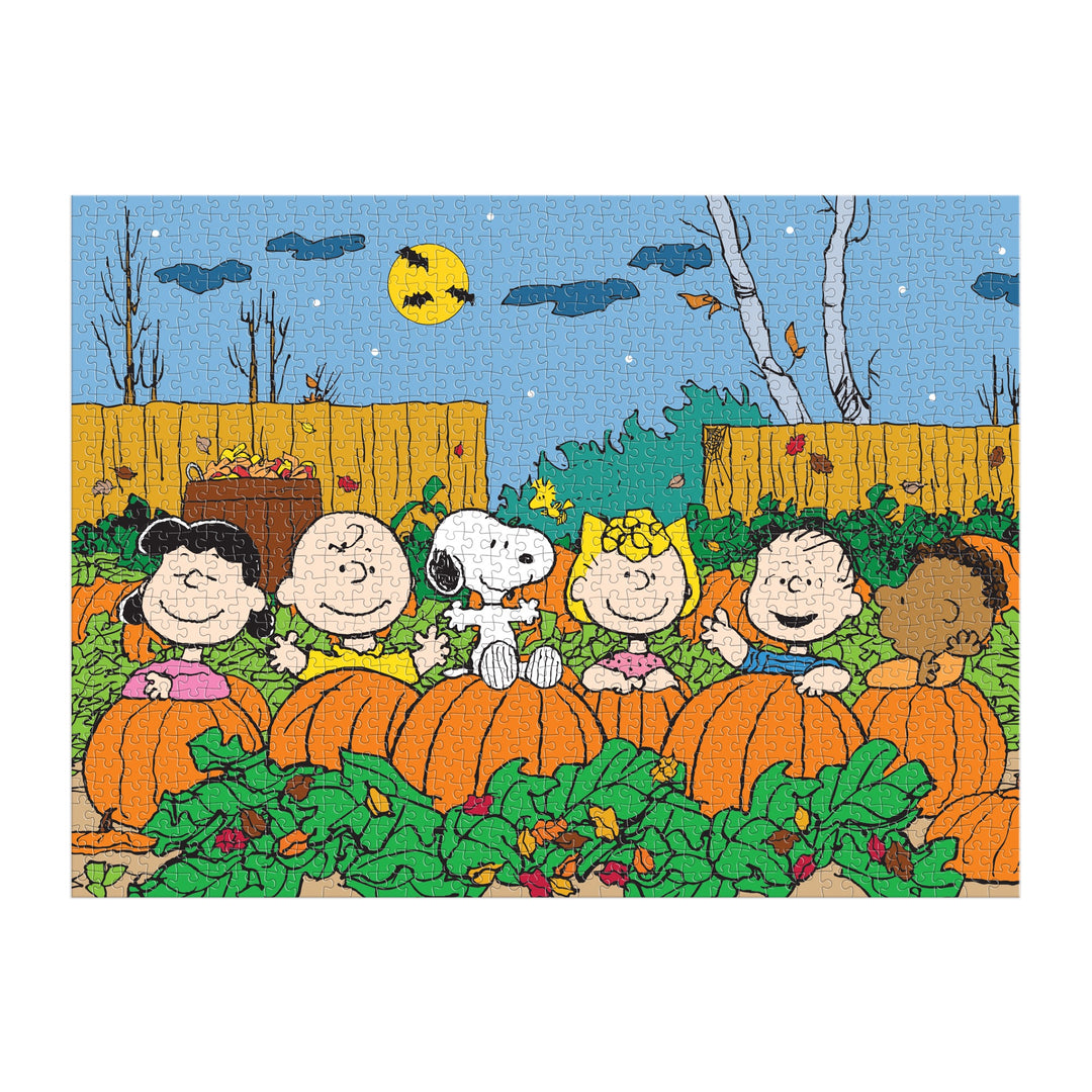 The Peanuts Great Pumpkin 1000 Piece Puzzle by Peanuts Worldwide, LLC showcases Snoopy, Charlie Brown, Lucy, Sally, Linus, and Franklin smiling among pumpkins at night under a yellow moon—a collector’s classic for fans.