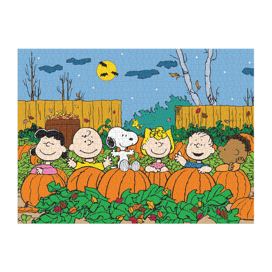 The Peanuts Great Pumpkin 1000 Piece Puzzle by Peanuts Worldwide, LLC showcases Snoopy, Charlie Brown, Lucy, Sally, Linus, and Franklin smiling among pumpkins at night under a yellow moon—a collector’s classic for fans.