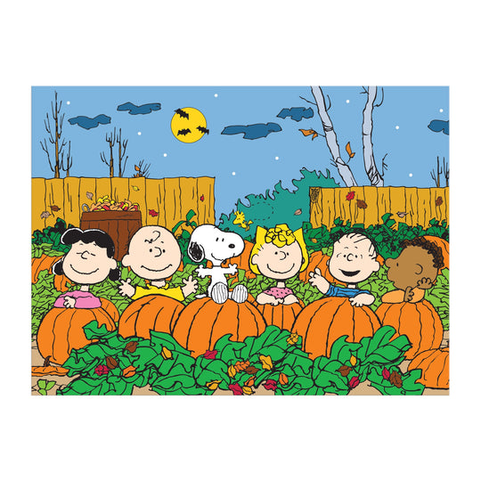 Enjoy assembling the Peanuts Great Pumpkin 1000 Piece Puzzle by Peanuts Worldwide, LLC, featuring Schulz’s iconic characters in a pumpkin patch at night with Snoopy on a pumpkin, a yellow moon, bats, and a fence completing the festive scene.