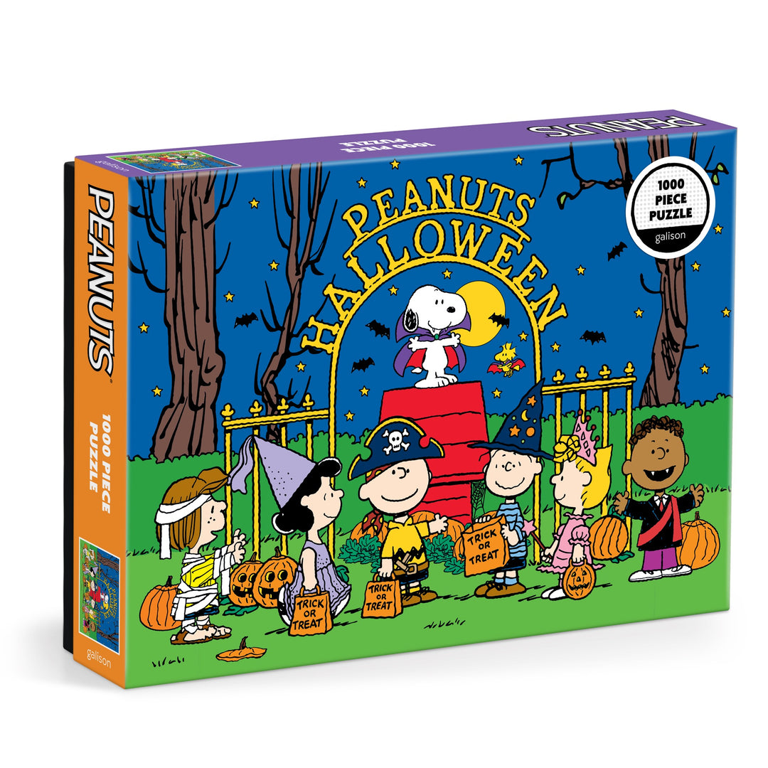 The Peanuts Halloween 1000 Piece Puzzle by Peanuts Worldwide, LLC displays Peanuts characters in costumes, trick-or-treating under a starry night with Snoopy as a flying ace. The box is labeled “Peanuts Halloween 1000 Piece Puzzle.”.