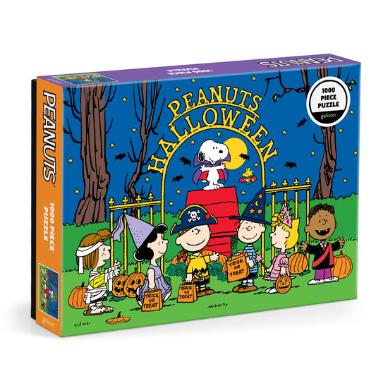 The Peanuts Halloween 1000 Piece Puzzle by Peanuts Worldwide, LLC displays Peanuts characters in costumes, trick-or-treating under a starry night with Snoopy as a flying ace. The box is labeled “Peanuts Halloween 1000 Piece Puzzle.”.