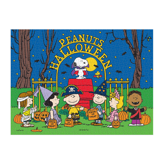 Celebrate Halloween with the Peanuts Halloween 1000 Piece Puzzle by Peanuts Worldwide, LLC, featuring Charlie Brown and friends in costumes by Snoopy’s red doghouse under a night sky, surrounded by pumpkins and trick-or-treat bags.