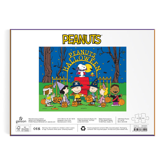 The Peanuts Halloween 1000 Piece Puzzle by Peanuts Worldwide, LLC features Snoopy as a flying ace above Charlie Brown, Lucy, Linus, Sally, and Franklin in costumes with pumpkins and trees at night under the Peanuts Halloween logo.