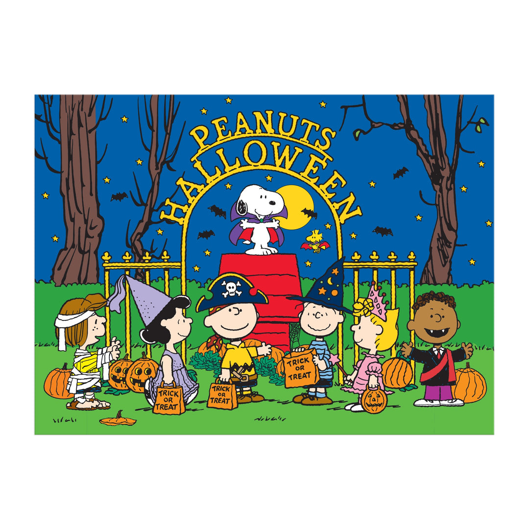 The Peanuts Halloween 1000 Piece Puzzle by Peanuts Worldwide, LLC features Charlie Brown and friends in costumes by a red staircase with pumpkins, Snoopy under a crescent moon, and a festive sign—perfect for Halloween fun.