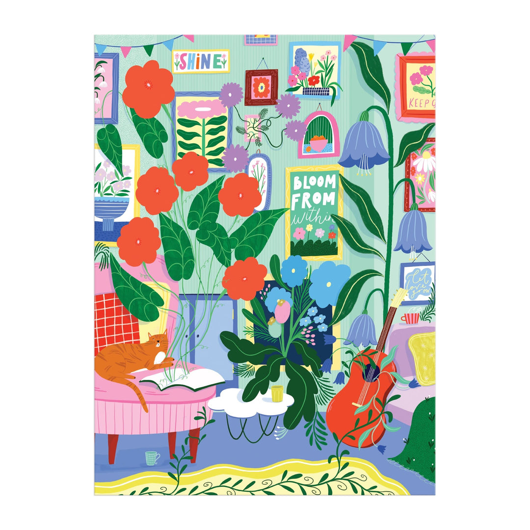 The Room to Bloom 1000 Piece Puzzle by Jessica Smith features a cozy room with vibrant plants, wall art, motivational posters, a red-orange cat on a pink chair, and a guitar resting nearby.