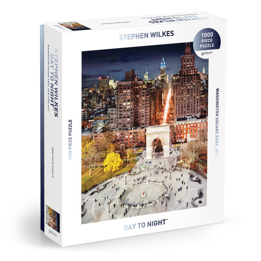 The Stephen Wilkes Day To Night Washington Square Park 1000 Piece Puzzle by Stephen Wilkes features his iconic photo blending day and night views of NYCs Washington Square Park, showcasing the arch and cityscape.