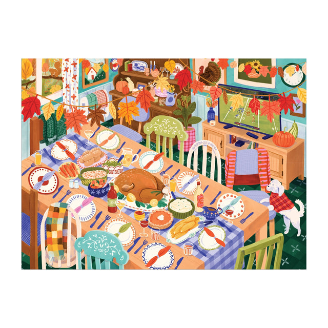 An illustrated Thanksgiving table set with a turkey, side dishes, autumn decorations, colorful place settings, and a dog nearby.