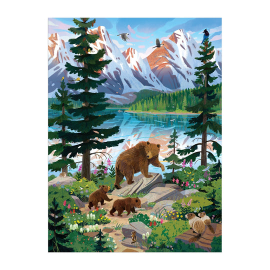 Valley of the Peaks 1000 Piece Puzzle by Kim Smith features a bear and three cubs near a lake, pine trees, flowers, mountains, overhead birds, and two beavers in the foreground.