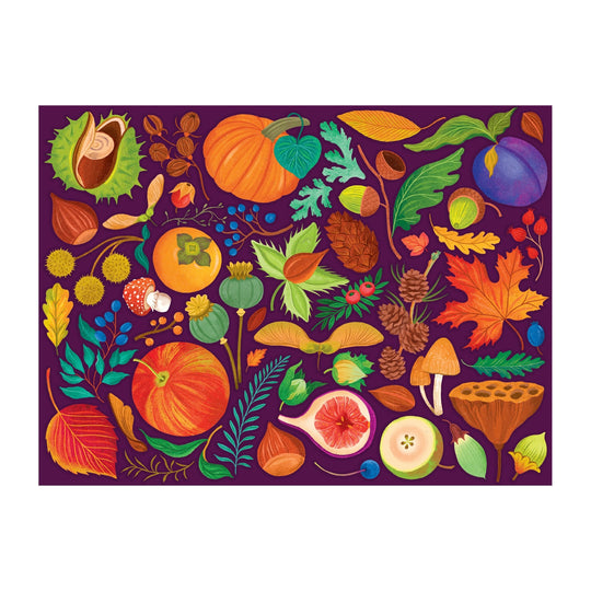 The Dawn Cooper World of Fall Flora 1000 Piece Puzzle features a vibrant illustration of pumpkins, leaves, mushrooms, nuts, berries, pinecones, and fruits arranged on a dark purple background.