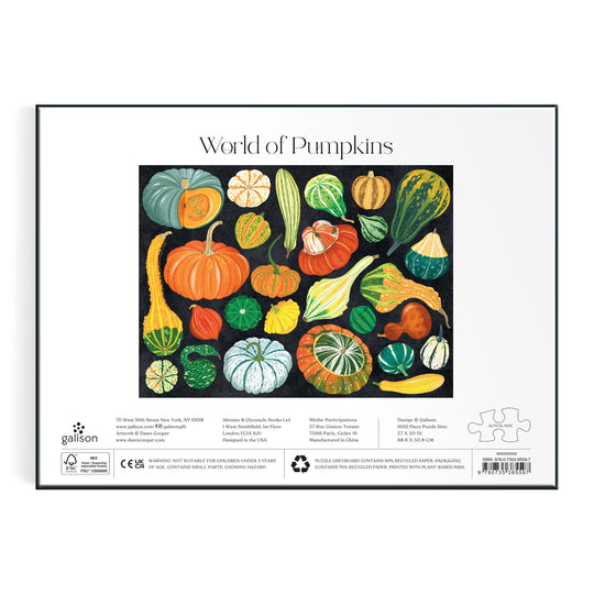 The back of the Dawn Cooper World of Pumpkins 1000 Piece Puzzle box features a vibrant illustration of diverse pumpkins and gourds on black, labeled World of Pumpkins above the artwork.