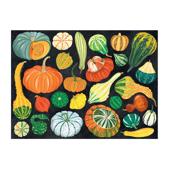 The World of Pumpkins 1000 Piece Puzzle by Dawn Cooper showcases Cucurbitaceae diversity with vibrant pumpkins, zucchini, and striped gourds on a dark background.