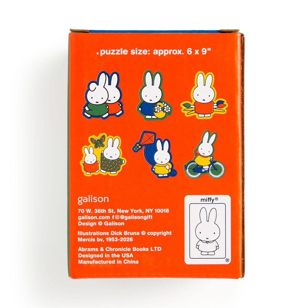 The Miffy 100 Piece Surprise Puzzle features an orange box with illustrations of Miffy in different outfits and activities, plus product and publisher info at the bottom.