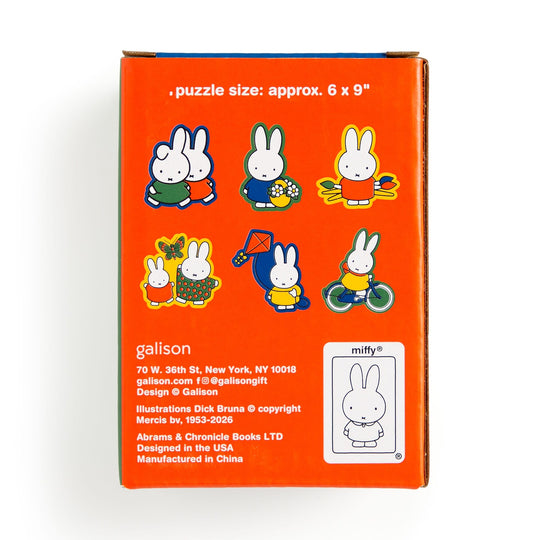 The Miffy 100 Piece Surprise Puzzle features an orange box with illustrations of Miffy in different outfits and activities, plus product and publisher info at the bottom.