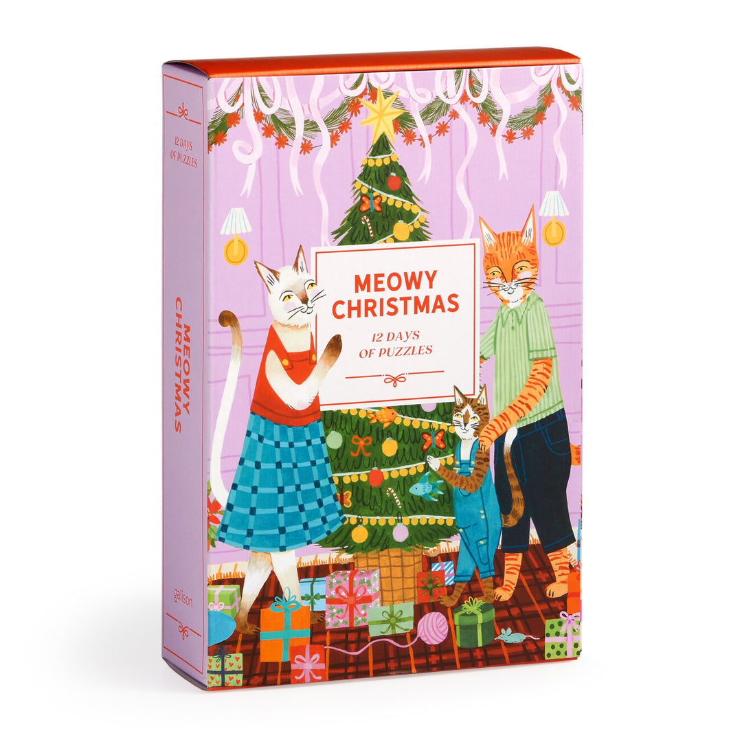 Joanna Letzs Meowy Christmas 12 Days of Puzzles 500 Piece Countdown features cat-themed puzzles with illustrated cats in holiday outfits decorating a Christmas tree, surrounded by presents and ornaments.