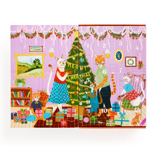 Celebrate with the Joanna Letz Meowy Christmas 12 Days of Puzzles 500 Piece Countdown—four playful cats decorate a tree in a festive living room, numbered doors hint at an Advent calendar amid presents for extra holiday fun.
