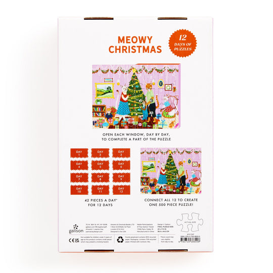 The back of the Joanna Letz Meowy Christmas 12 Days of Puzzles 500 Piece Countdown box shows two festive room illustrations and explains how opening a window daily reveals one of 12 puzzle sections that combine to form a single large image.