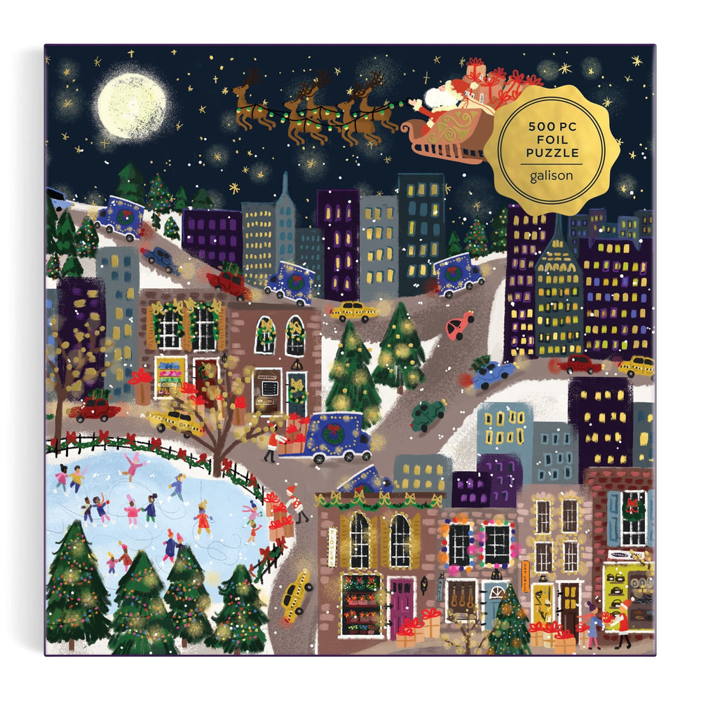 A festive city scene with ice skaters, snowy roads, decorated buildings, and Santas sleigh above the stars. The Joy Laforme Presentville 500 Piece Foil Puzzle is a perfect holiday challenge from Joy Laforme.