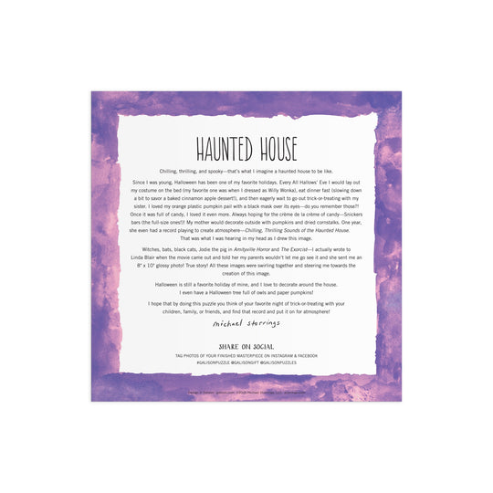 A square story card with a purple watercolor border and white center features the Michael Storrings Haunted House 500 Piece Glow in the Dark Puzzle, sharing Halloween traditions—perfect for intermediate puzzlers or haunted house fans.