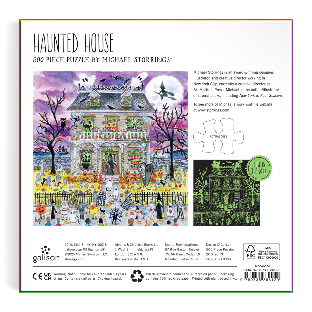 The Michael Storrings Haunted House 500 Piece Glow in the Dark Puzzle by Michael Storrings features a vibrant box illustration with ghosts, skeletons, and trick-or-treaters. Ideal for intermediate puzzlers, the puzzle glows for extra spooky fun.