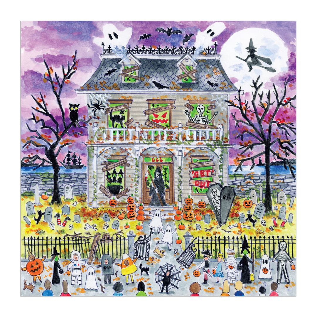 Experience the Michael Storrings Haunted House 500 Piece Glow in the Dark Puzzle—spooky decorations, bats, skeletons, and ghosts await intermediate puzzlers as jack-o’-lanterns glow and costumed kids trick-or-treat under a purple sky.