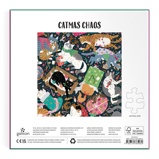A festive image of colorful cats playing with Christmas decorations appears on the back of the Catmas Chaos 500 Piece Foil Puzzle box by Maria Kee.