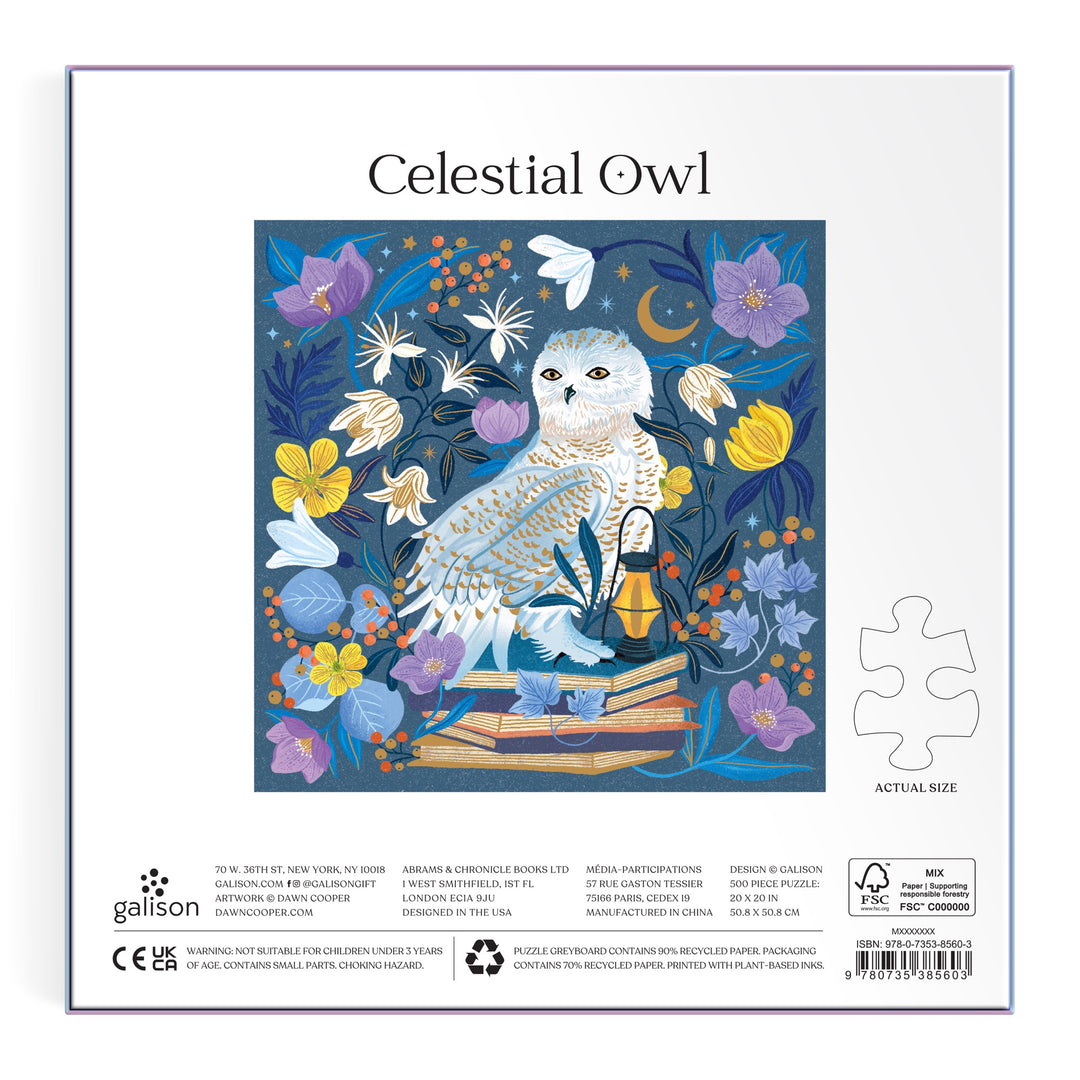 A white owl sits on books among vibrant flowers and leaves on a dark background. Celestial Owl 500 Piece Foil Puzzle by Dawn Cooper is featured above, with premium foil puzzle piece and company details below.