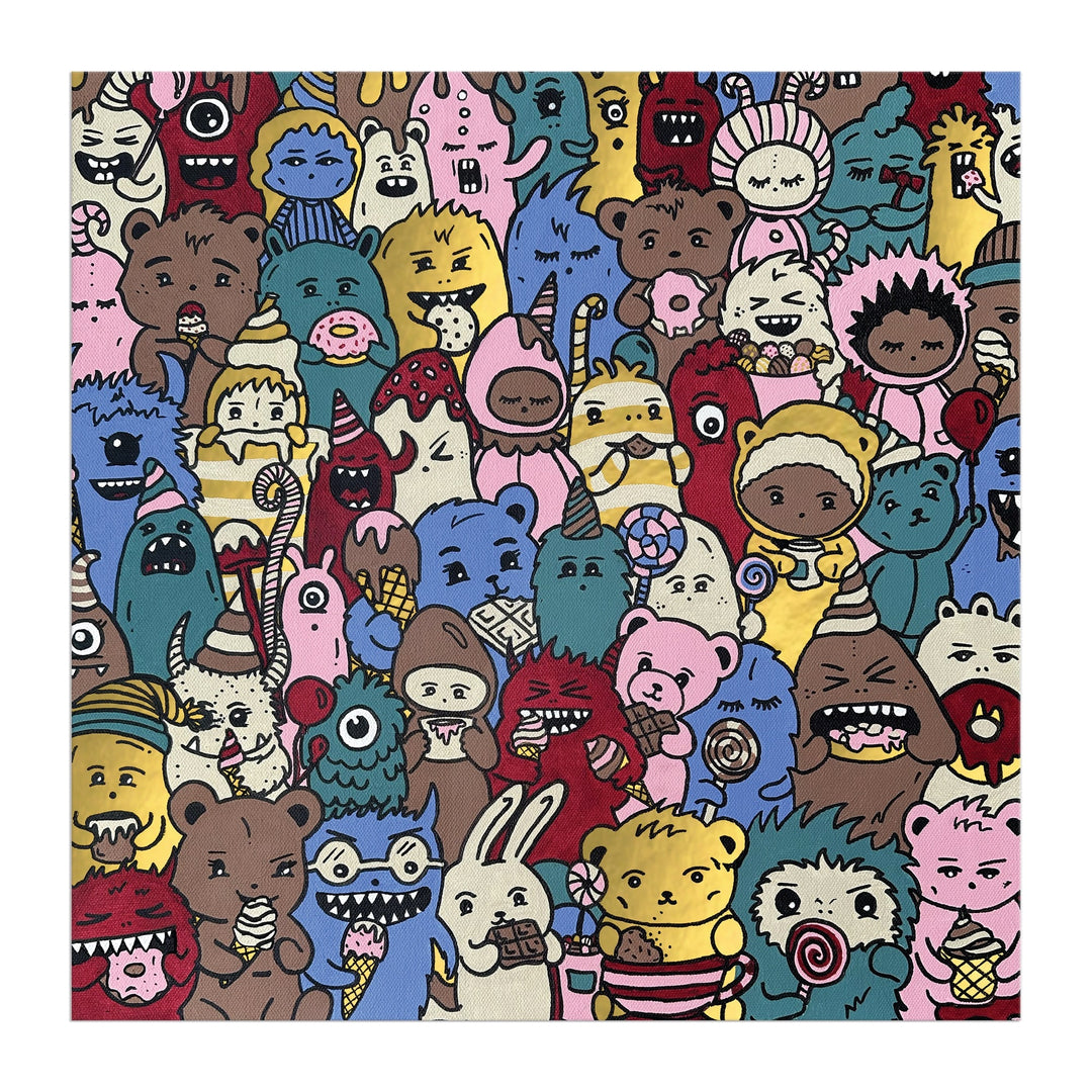 Barbtropolis Sweet Dreams 500 Piece Foil Puzzle by Barbtropolis features a vibrant crowd of whimsical cartoon animals enjoying ice cream and sweets, all with expressive faces set against a white background.