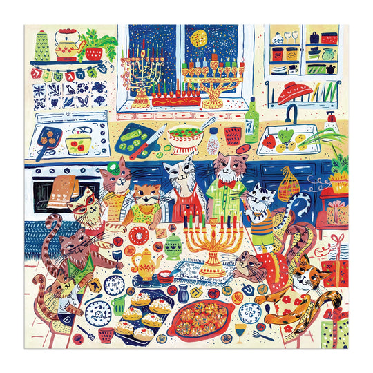 Celebrate Hanukkah with the Happy Hanukcats 500 Piece Puzzle by Anna Ivanir, featuring cheerful cats in aprons around a table of festive foods and menorahs as snow falls outside. A delightful addition to your holiday season!.