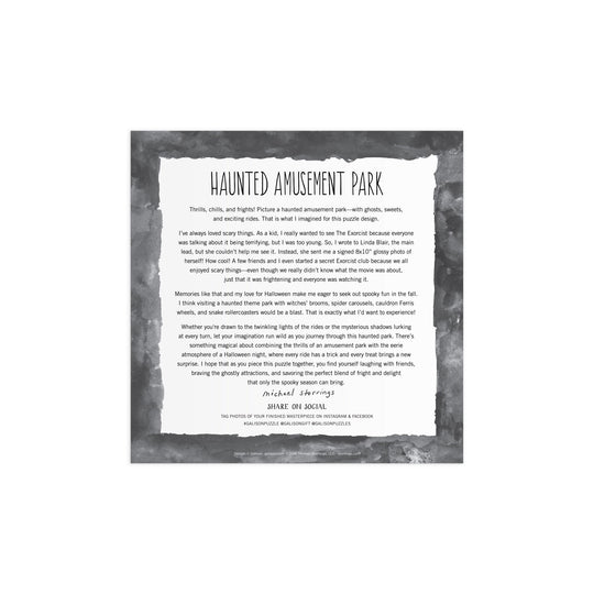 A square graphic with a gray, textured border features the Michael Storrings Haunted Amusement Park 500 Piece Puzzle by Michael Storrings, evoking memories of spooky rides, laughter, and thrilling adventures in a haunted amusement park.