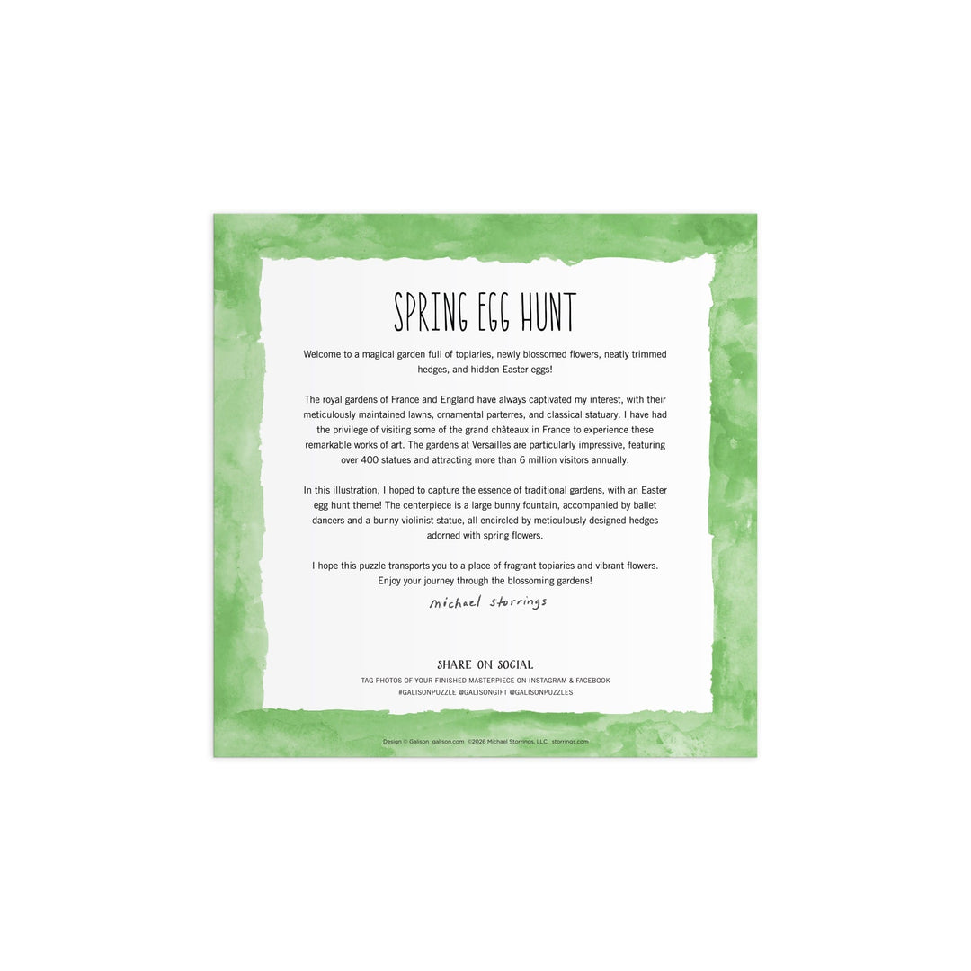 A square, green-bordered card for the Michael Storrings Spring Egg Hunt 500 Piece Puzzle features a magical garden theme inspired by French and English gardens, plus an invitation to share puzzle photos on social media.