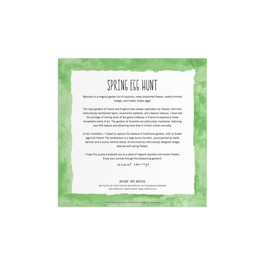 A square, green-bordered card for the Michael Storrings Spring Egg Hunt 500 Piece Puzzle features a magical garden theme inspired by French and English gardens, plus an invitation to share puzzle photos on social media.