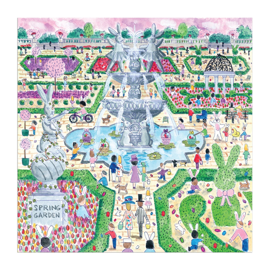 Michael Storrings Spring Egg Hunt 500 Piece Puzzle by Michael Storrings features a lively spring garden with colorful flowers, a grand fountain, rabbit characters, hedges, and people enjoying the “Spring Garden” egg hunt scene.