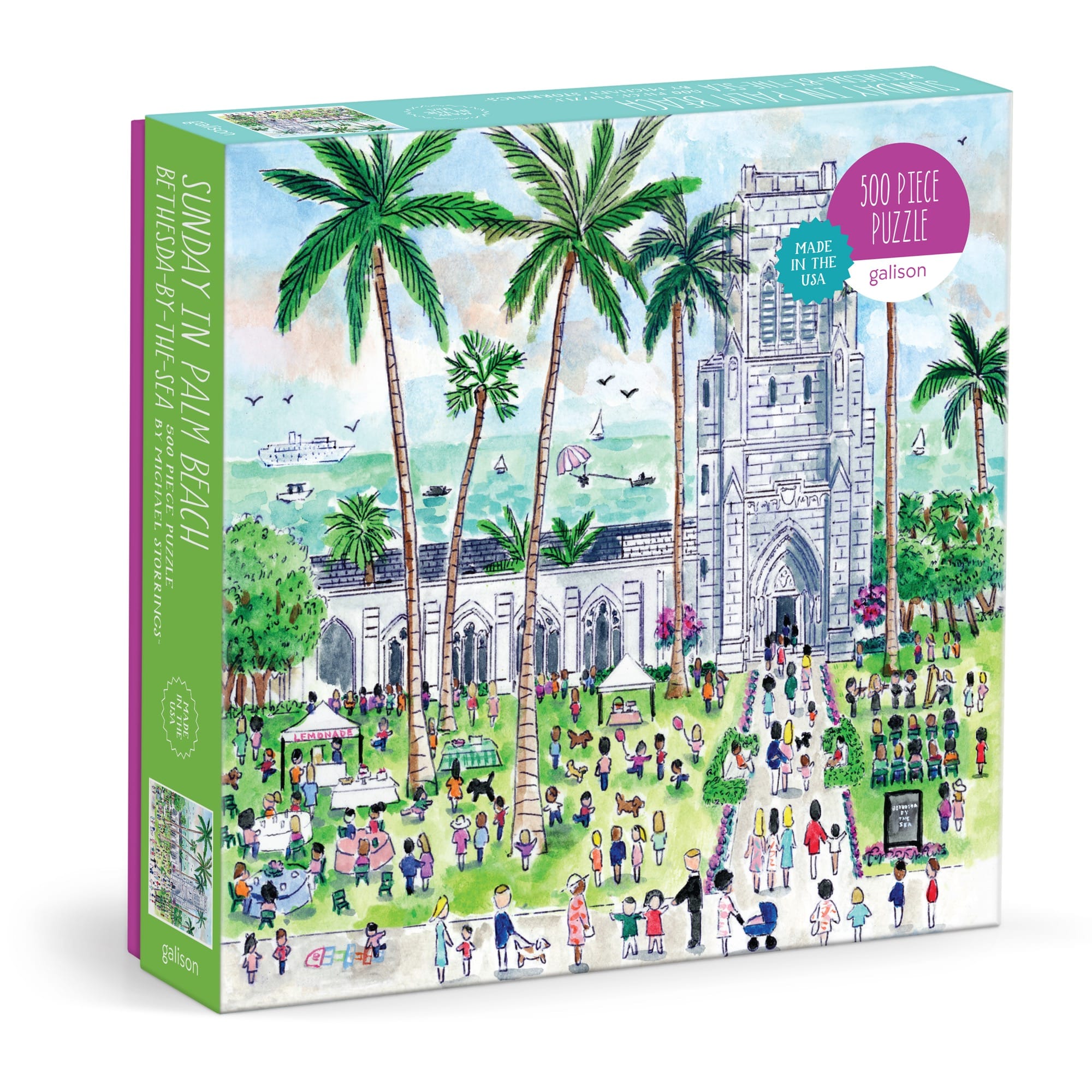 The Michael Storrings Sunday in Palm Beach Bethesda by the Sea 500 Piece Puzzle features a vibrant scene of people on a sunny lawn with palm trees, an ocean view, and a church-like building. Brand: Michael Storrings.
