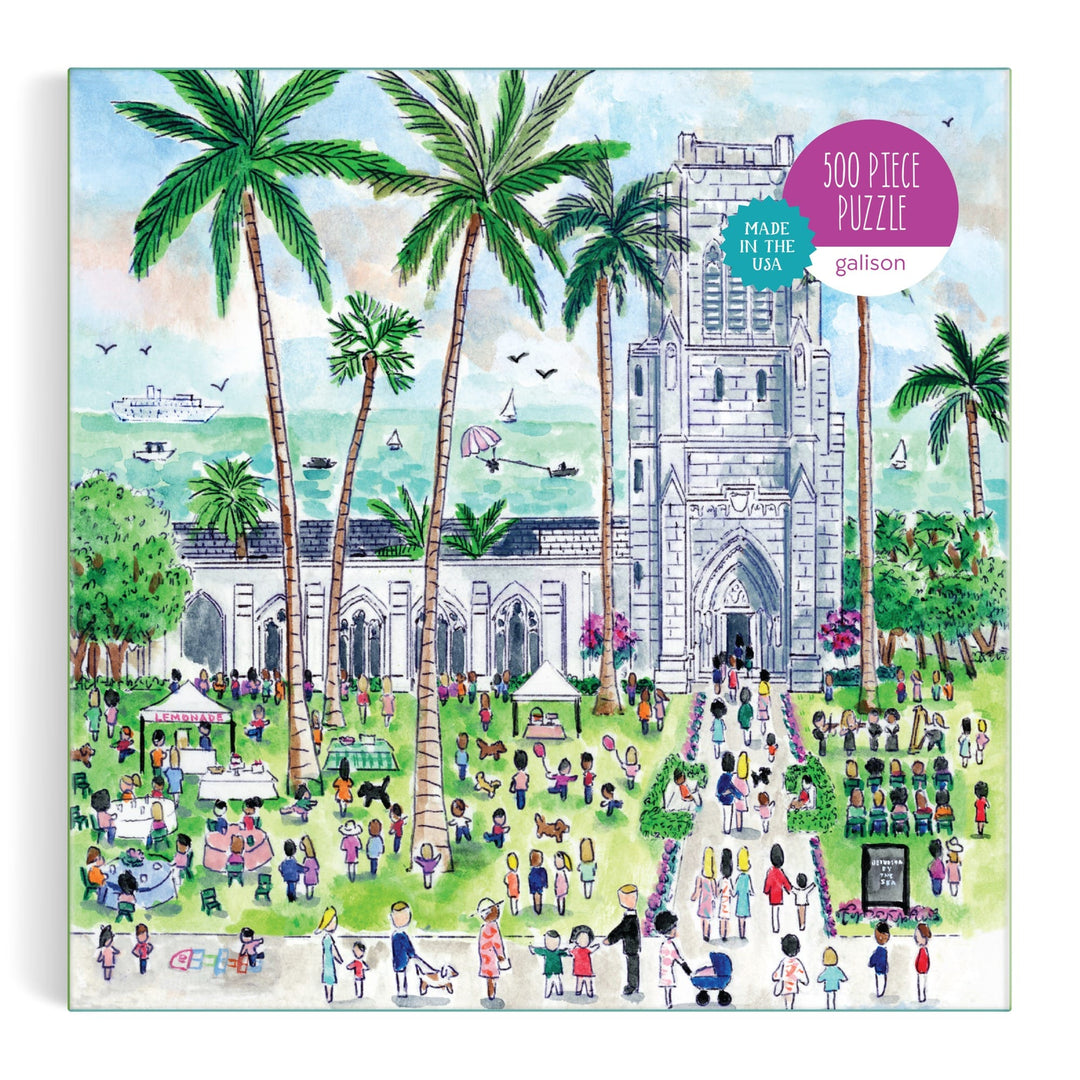Illustration of a lively outdoor scene at Bethesda by the Sea with palm trees, people, food stands, and a stone church; ideal for the Michael Storrings Sunday in Palm Beach Bethesda by the Sea 500 Piece Puzzle by Michael Storrings.