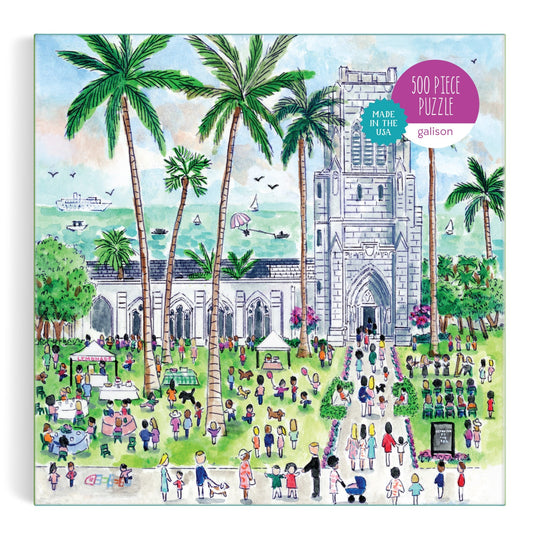 Illustration of a lively outdoor scene at Bethesda by the Sea with palm trees, people, food stands, and a stone church; ideal for the Michael Storrings Sunday in Palm Beach Bethesda by the Sea 500 Piece Puzzle by Michael Storrings.