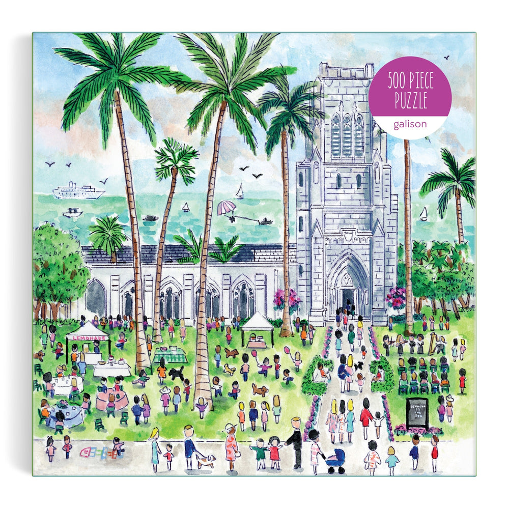The Michael Storrings Sunday in Palm Beach 500 Piece Puzzle by Michael Storrings features a lively outdoor scene with crowds, a grand church, palm trees, tents, and green lawns on the box.
