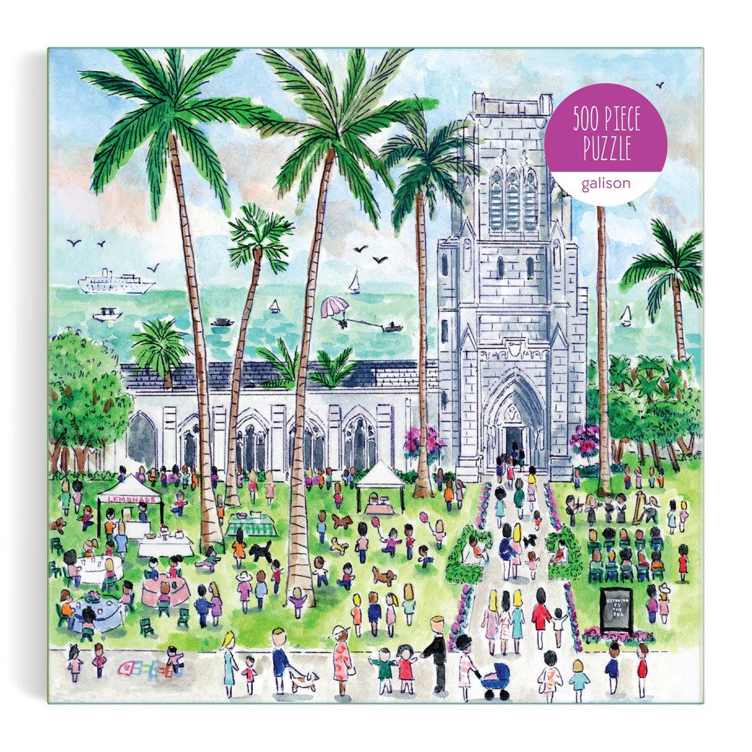 The Michael Storrings Sunday in Palm Beach 500 Piece Puzzle by Michael Storrings features a lively outdoor scene with crowds, a grand church, palm trees, tents, and green lawns on the box.