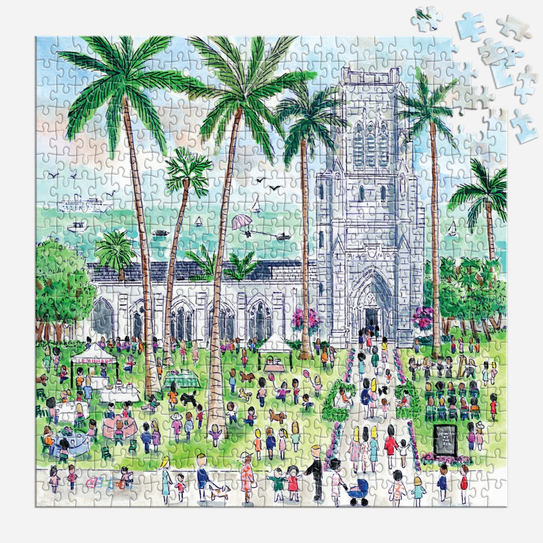 The Michael Storrings Sunday in Palm Beach Bethesda by the Sea 500 Piece Puzzle features a vibrant outdoor scene at this Palm Beach landmark, with unplaced pieces visible in the top right corner.