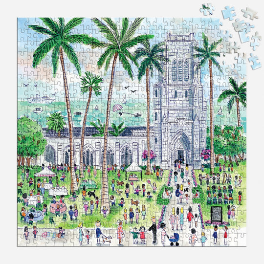 The Michael Storrings Sunday in Palm Beach Bethesda by the Sea 500 Piece Puzzle features a vibrant outdoor scene at this Palm Beach landmark, with unplaced pieces visible in the top right corner.