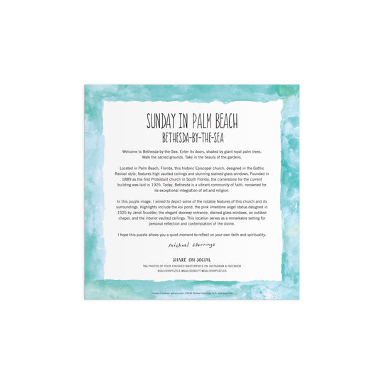 The Michael Storrings Sunday in Palm Beach Bethesda by the Sea 500 Piece Puzzle features a white square design with turquoise watercolor borders, highlighting church history, service details, and a special message.